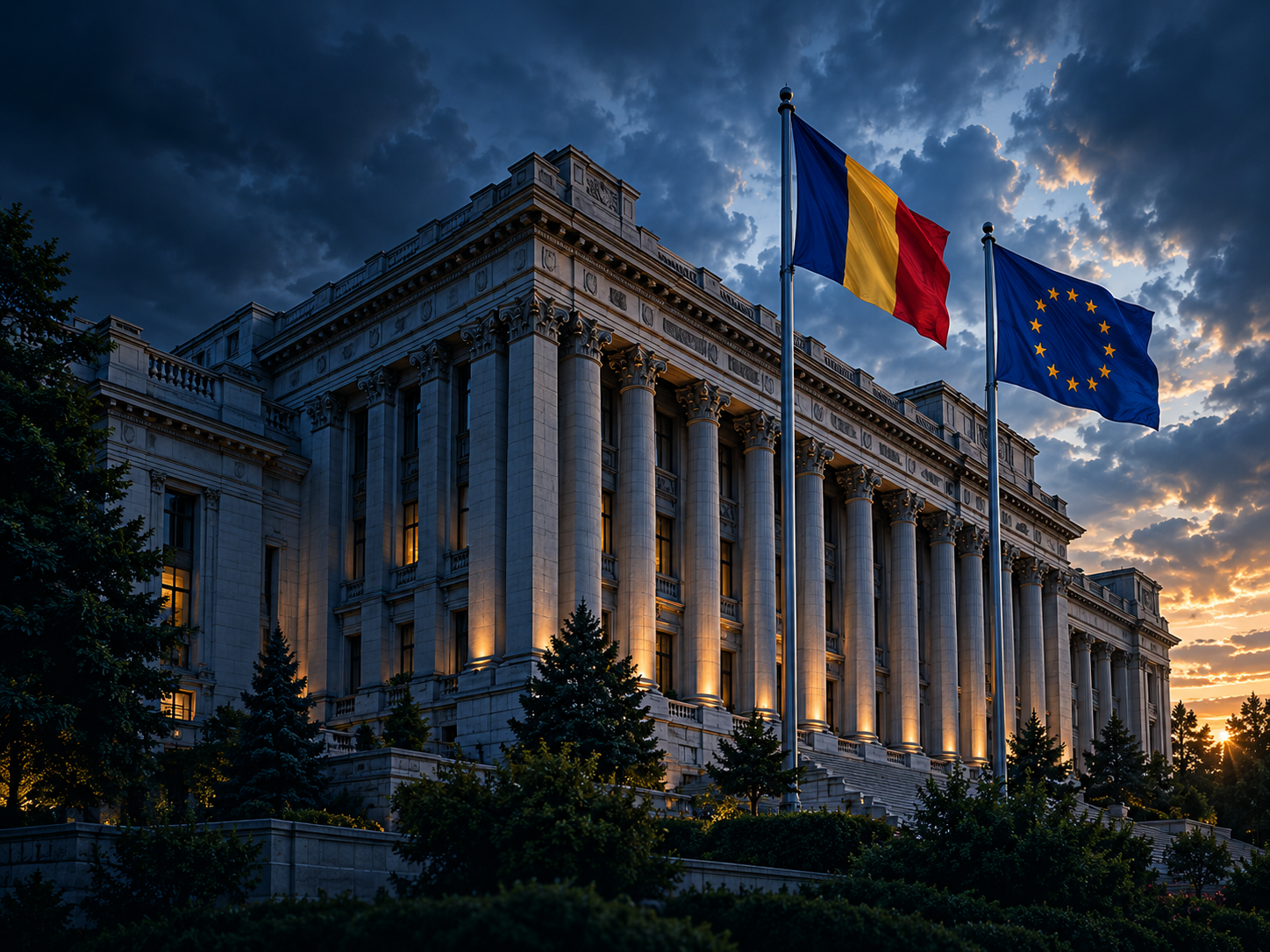 Instituție publică cu drapelele României și Uniunii Europene